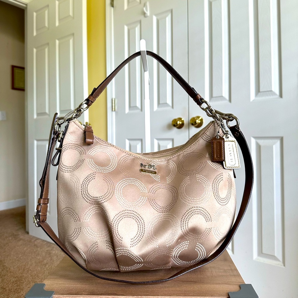 #17. Coach OP Dotted C Brown/Tan Shoulder & Crossbody Bag, Canvas & Leather Trim